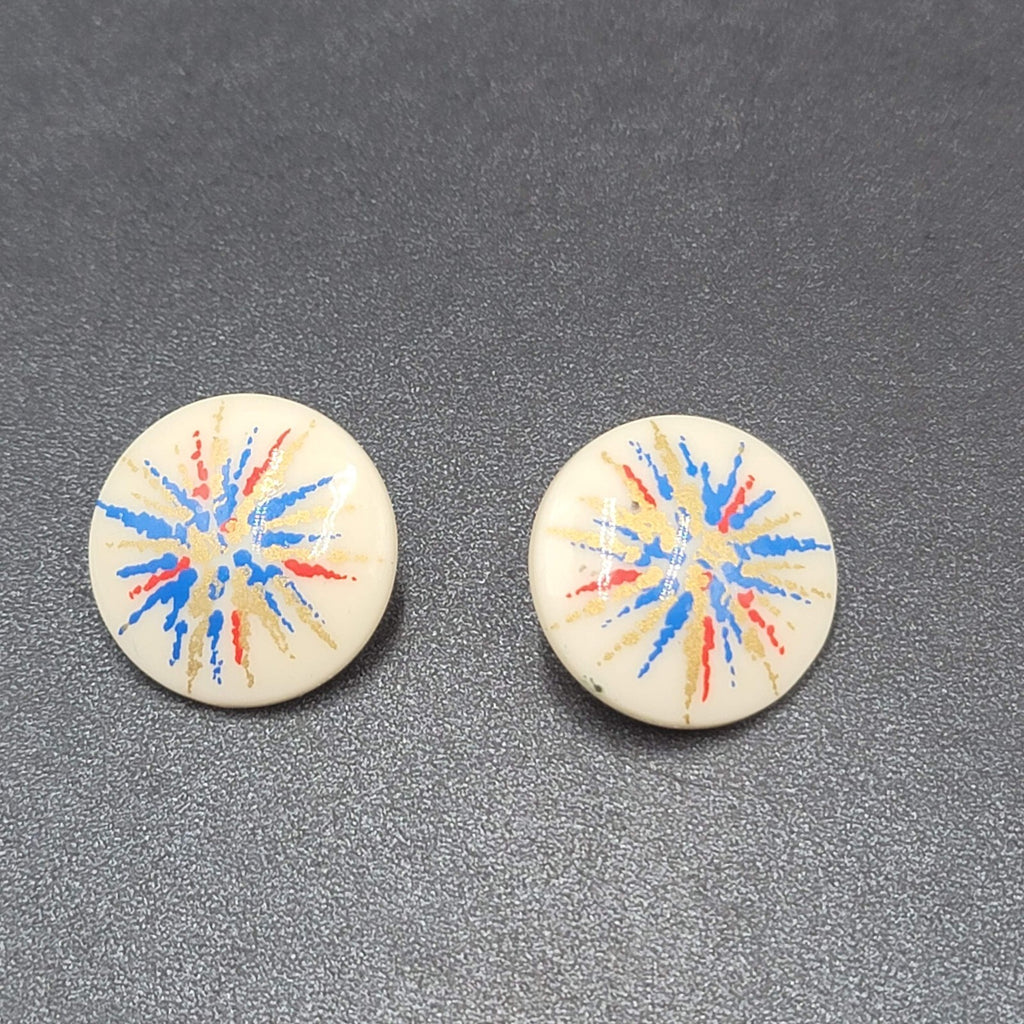 Vintage Pierced Earrings Acrylic White Red Blue Gold Artistic Round Drop 1 1/8"
