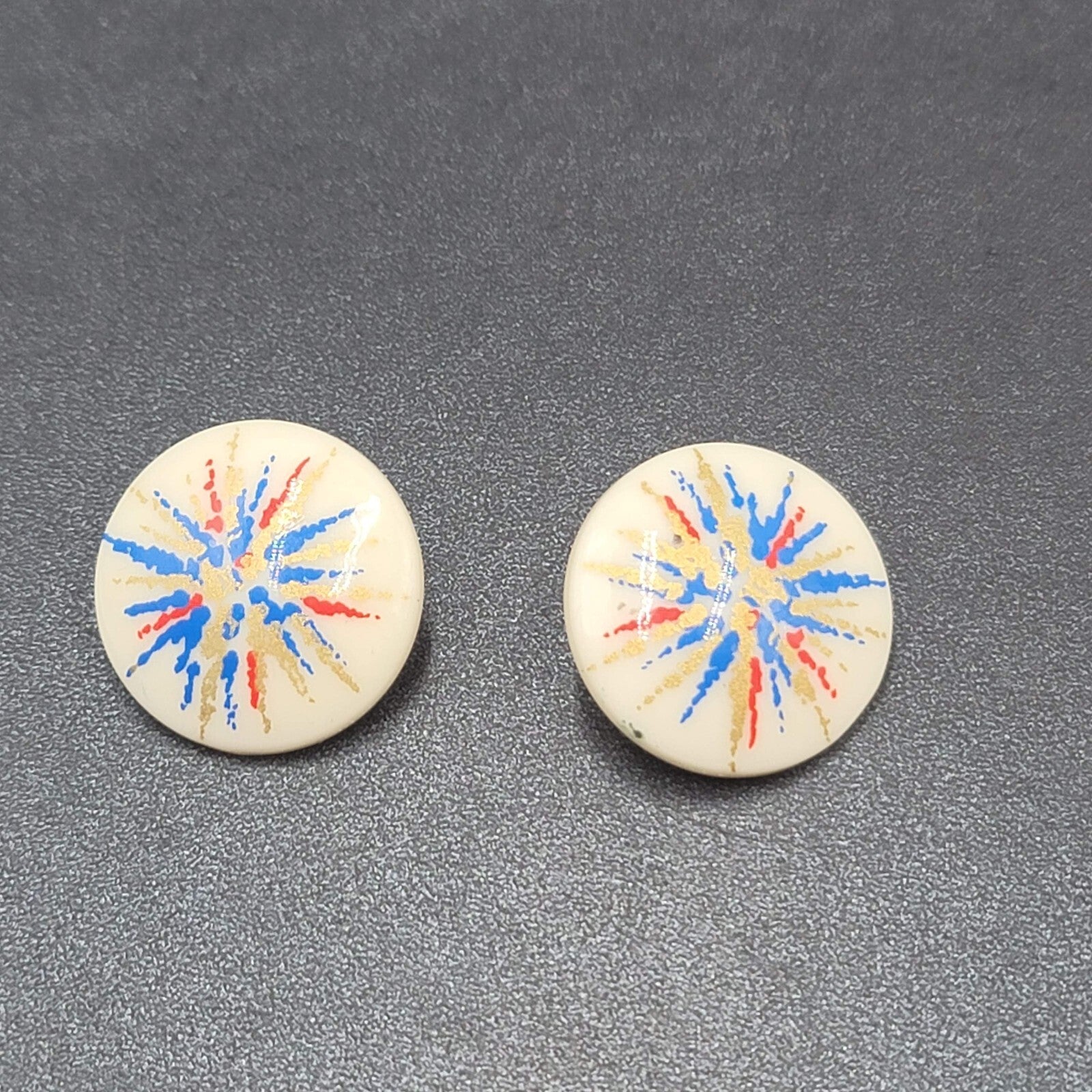 Vintage Pierced Earrings Acrylic White Red Blue Gold Artistic Round Drop 1 1/8"