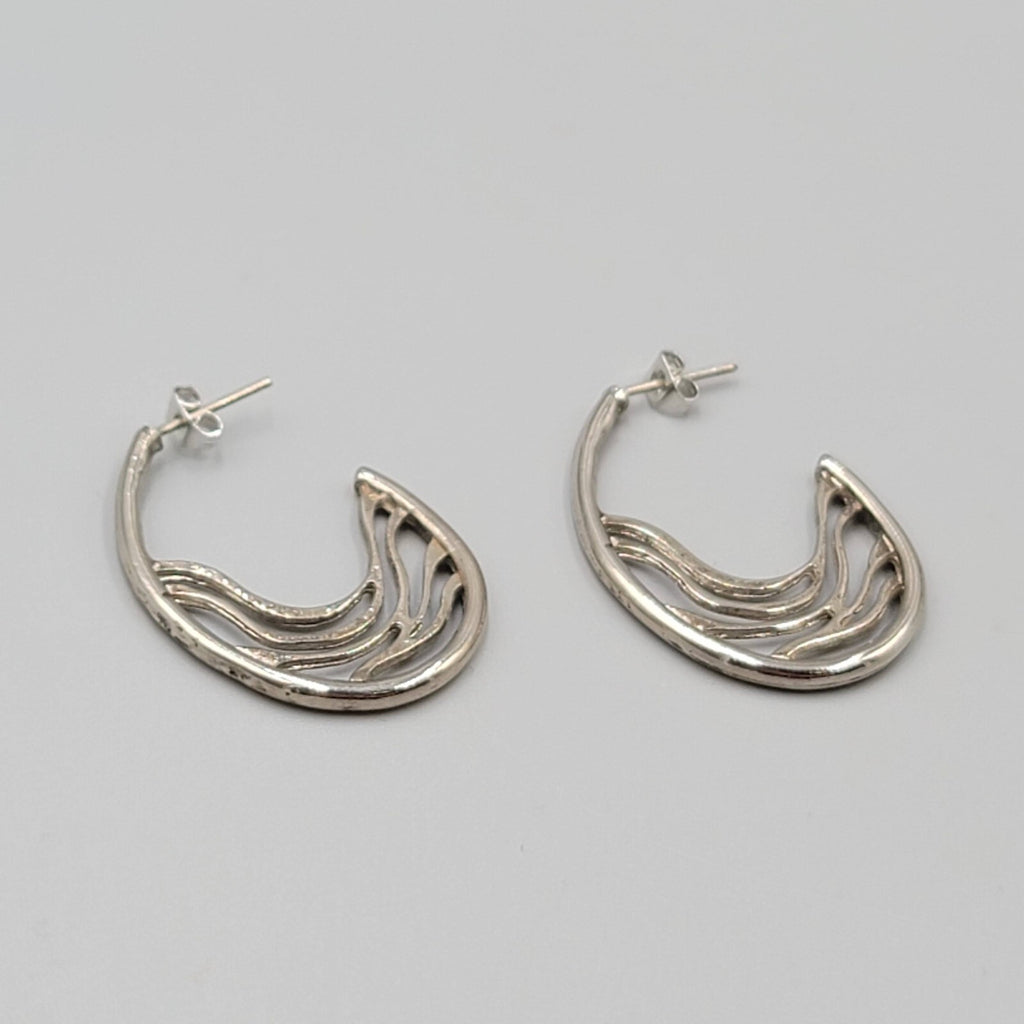 Filigree Hoops Pierced Earrings Silver tone Drop 1.25"