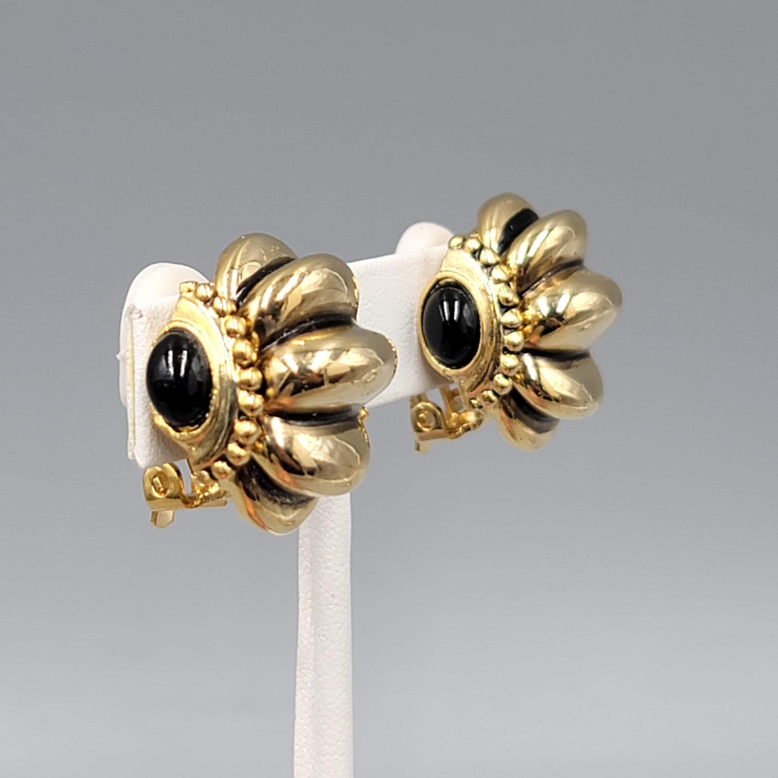 Vintage Clip on Earrings Gold Plated Black Side Accents Statement 1 in