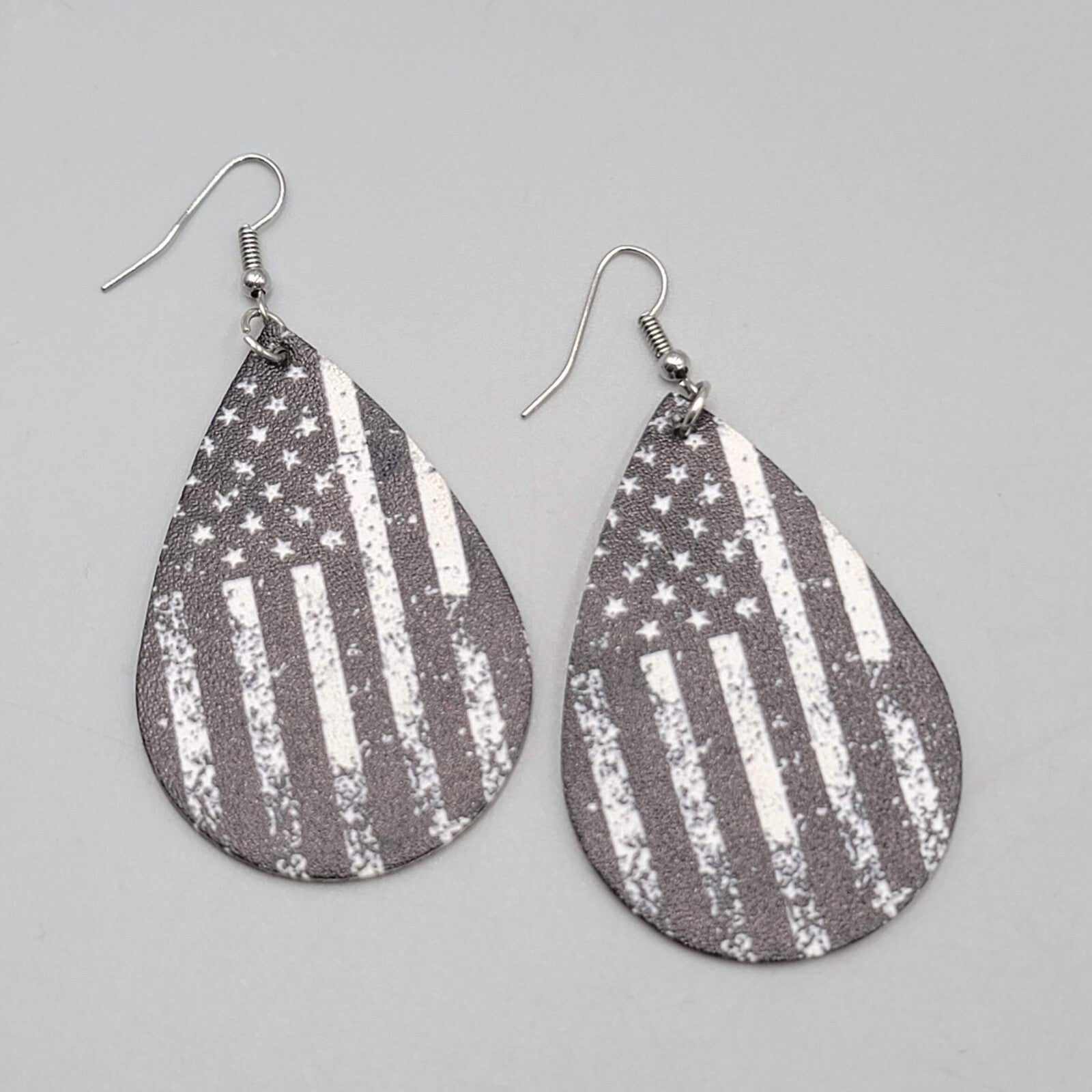 Black and White American Flag Pierced Earrings Teardrop Dangle 2.25"