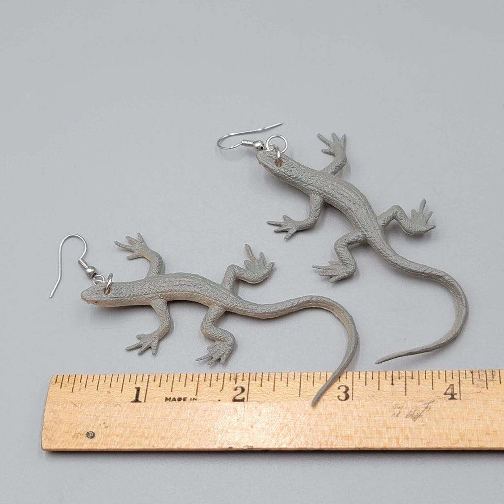 Gray Lizard Pierced Earrings Vinyl Dangle 2.75"