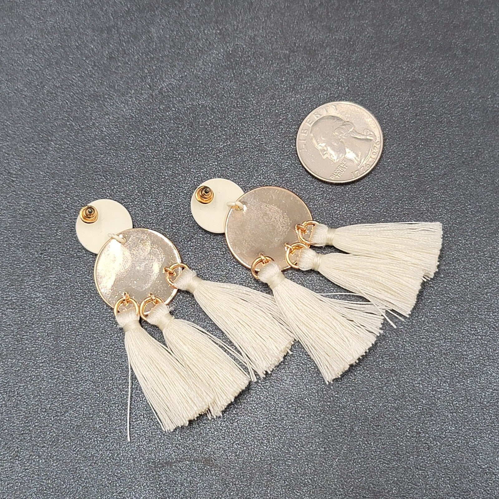 Pierced Earrings Brushed Gold tone White Tassel String Dangle 2.5"
