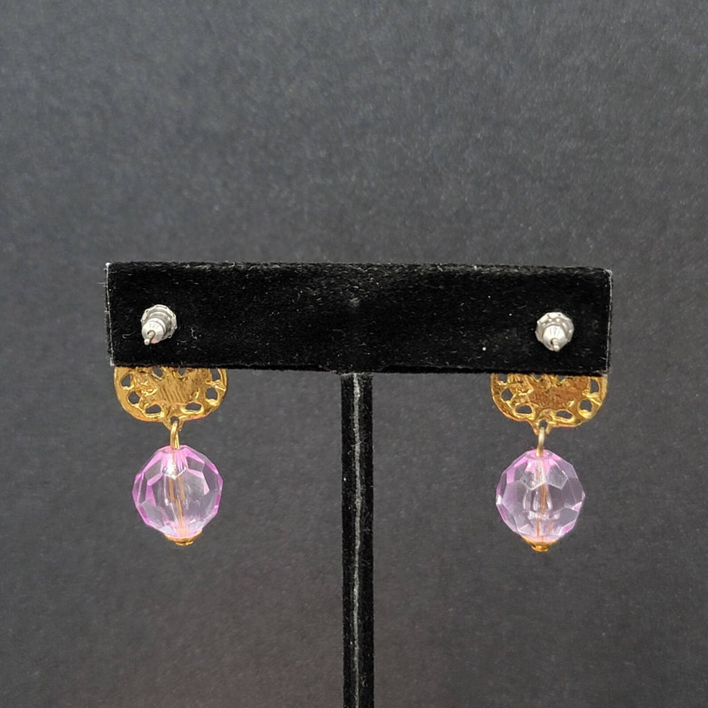 Pierced Earrings Gold tone Purple Plastic Bead Dangle 1.25"