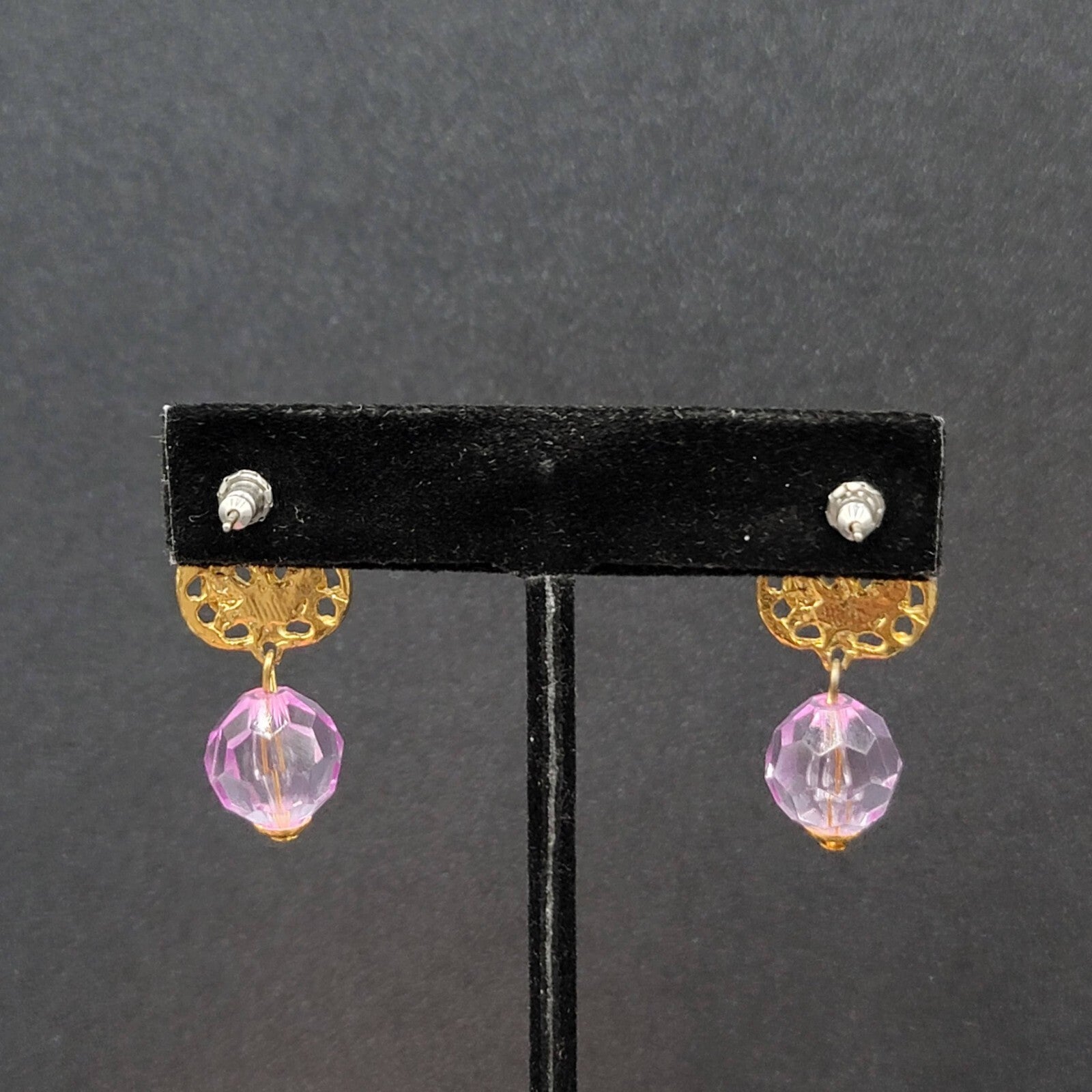 Pierced Earrings Gold tone Purple Plastic Bead Dangle 1.25"