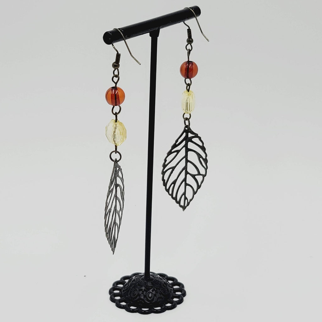 Long Pierced Earrings Beaded Open Work Leaf 3"