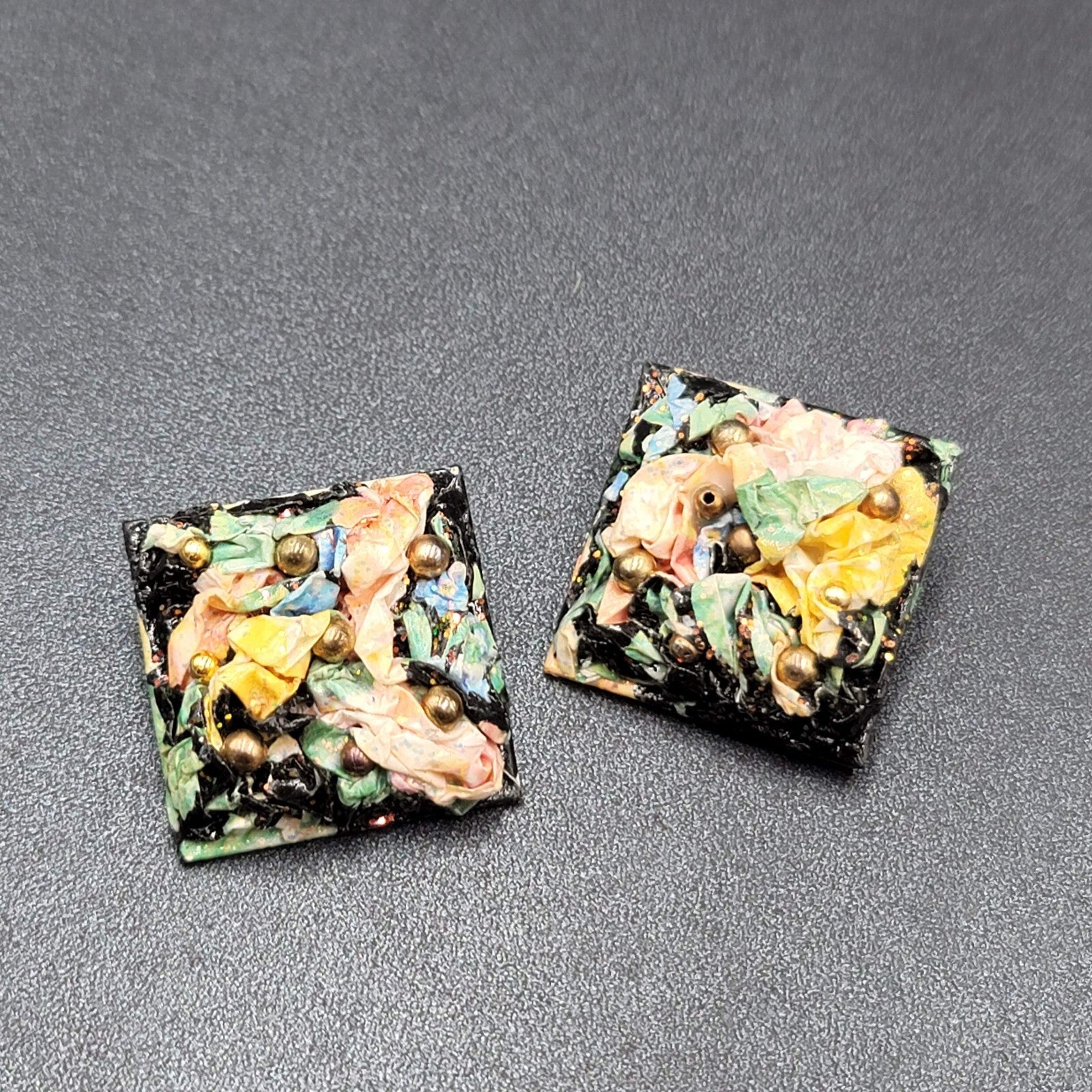 Vintage Clip on Earrings Handmade 1980s Multicolor Square Drop 1.25"