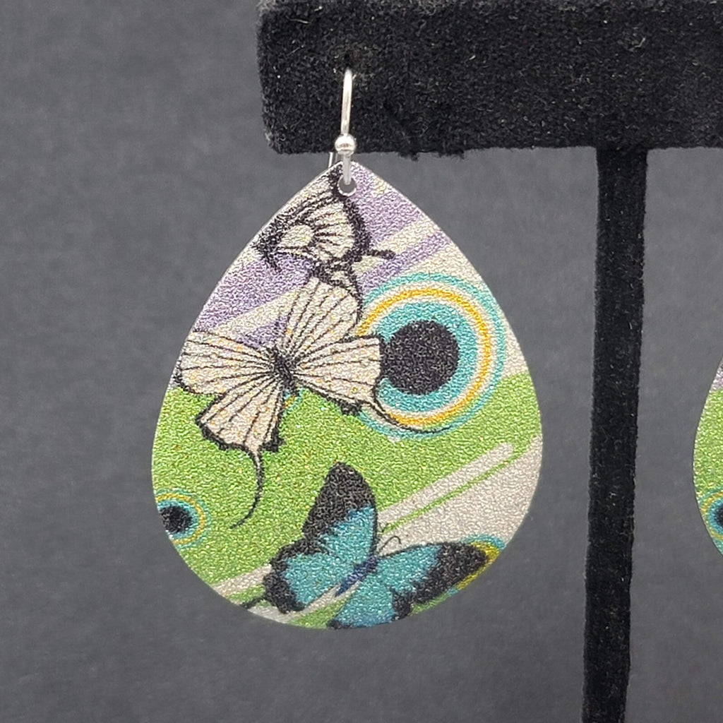 Pierced Earrings Silver tone Textured Butterfly  Teardrop Dangle 2"