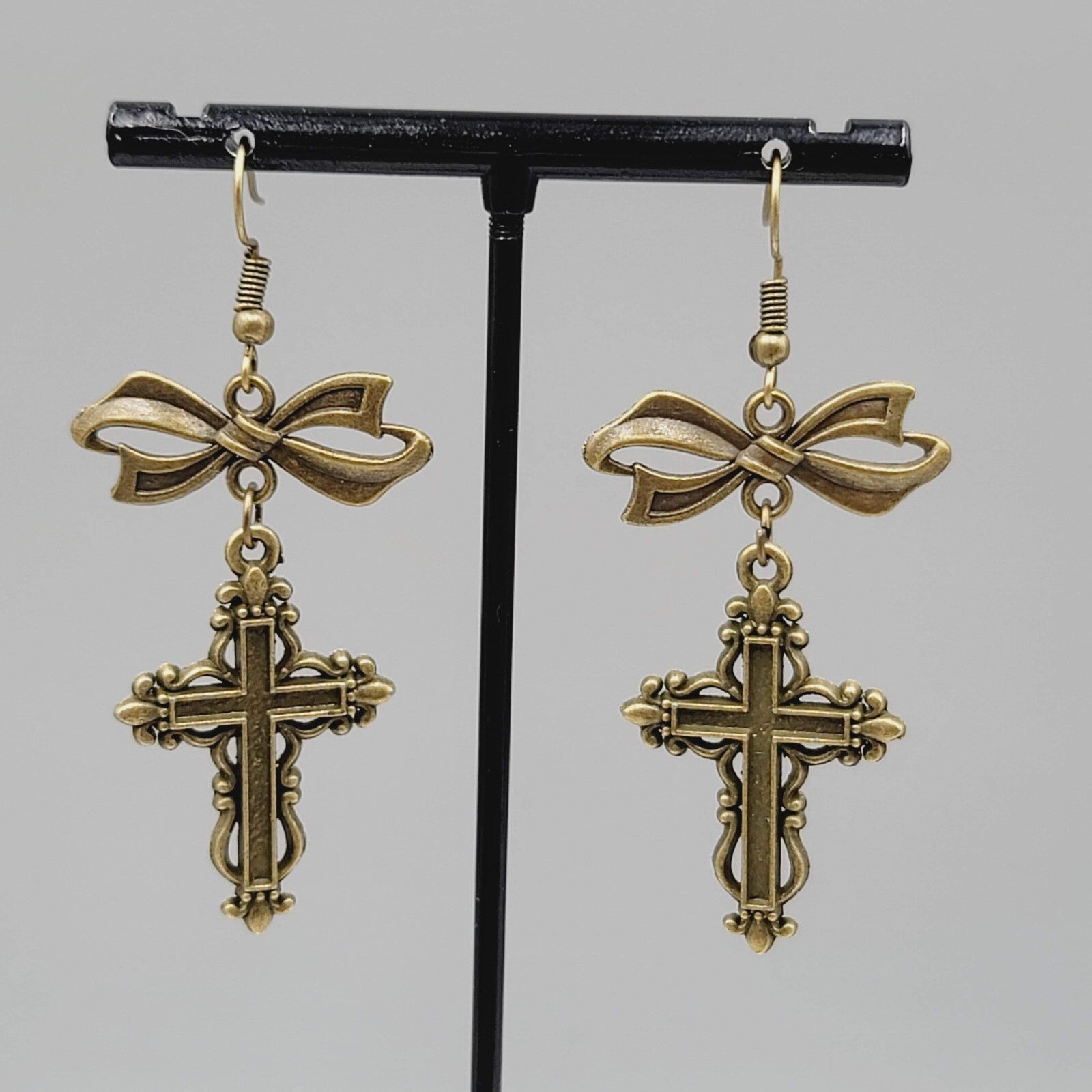 Cross Pierced Earrings Bronze tone Long Bow Dangle New 1.75"
