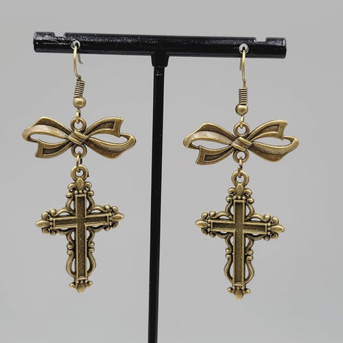 Cross Pierced Earrings Bronze tone Long Bow Dangle New 1.75"