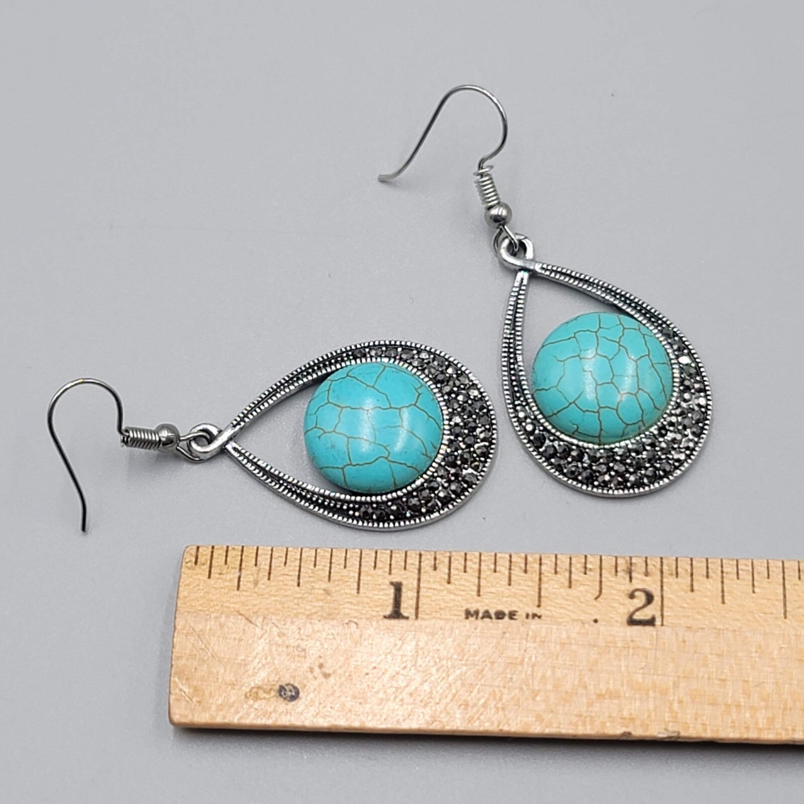 Teardrop Dangle Pierced Earrings Silver tone Marcasite Blue Howlite 1.25"