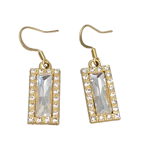 Clear Rhinestone Rectangle Pierced Earrings Gold tone Dangle 7/8"