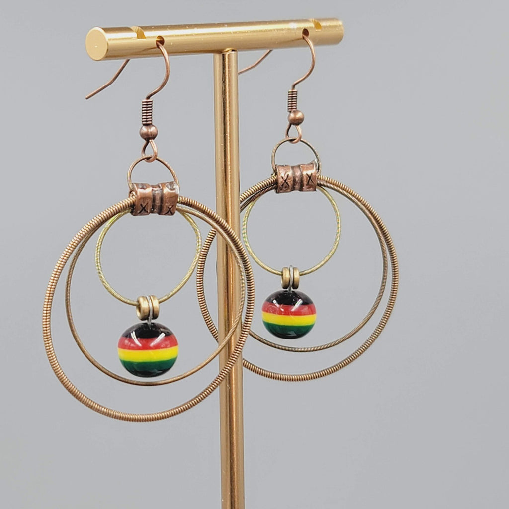 Guitar String Pierced Earrings Copper tone Multicolor Bead Dangle 1.75"
