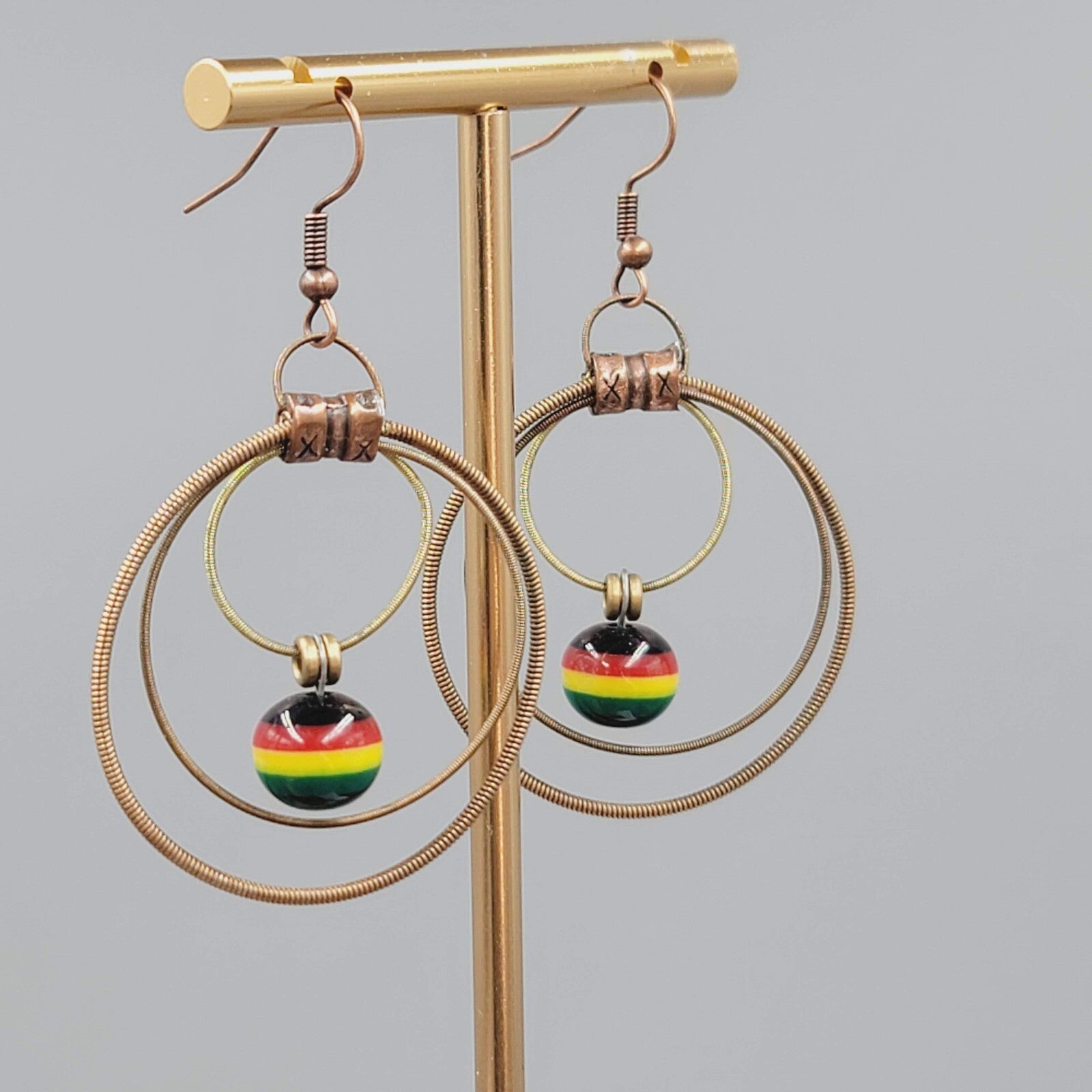 Guitar String Pierced Earrings Copper tone Multicolor Bead Dangle 1.75"