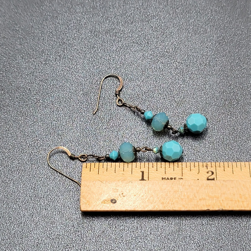 Pierced Earrings Silver tone Blue Faceted Acrylic Beads Dangle 1 5/8"