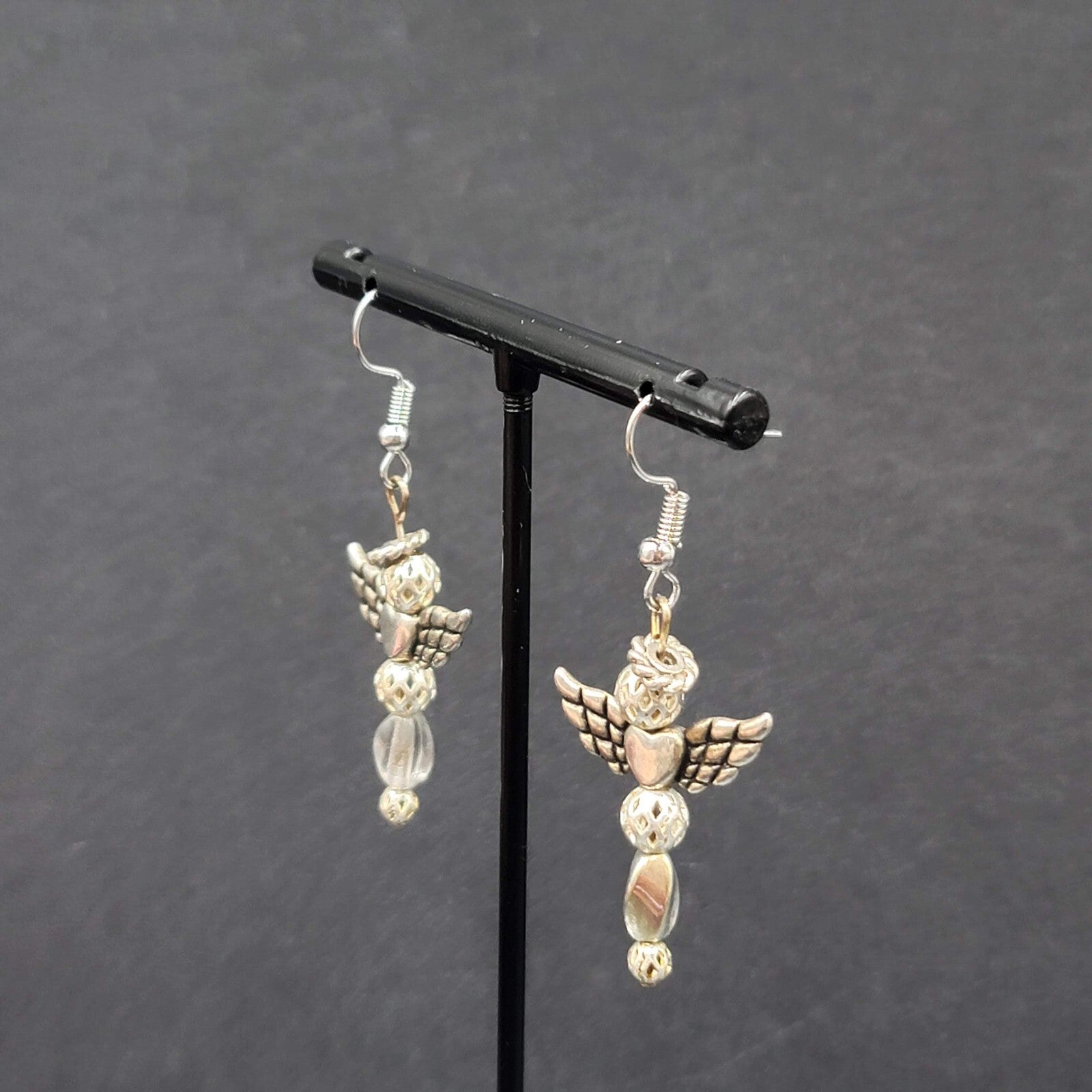 Vintage Angel Pierced Earrings Silver tone Bead Dangle 1.5"