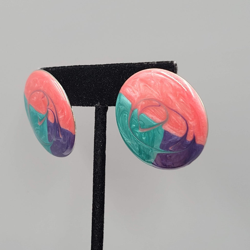 Vintage Round Enamel Pierced Earrings Pink Purple Teal Drop 1.25"
