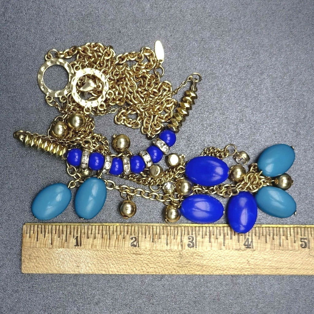 Signed VCLM Necklace Gold tone Multi Layer Blue Bead Chain Long 28" - 31"