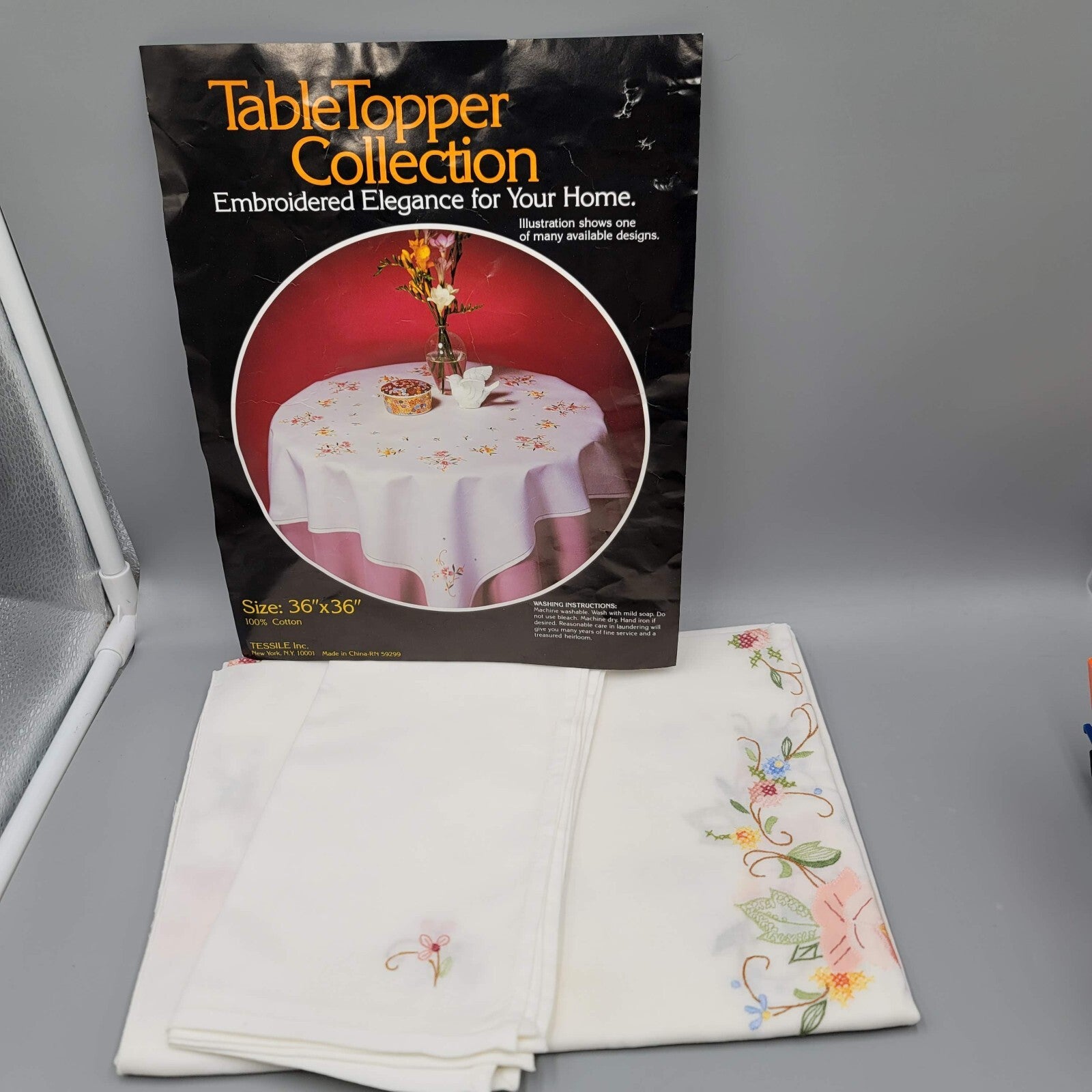 Vintage Table Topper Tablecloth Floral Embroidered & Matching Napkins NOS