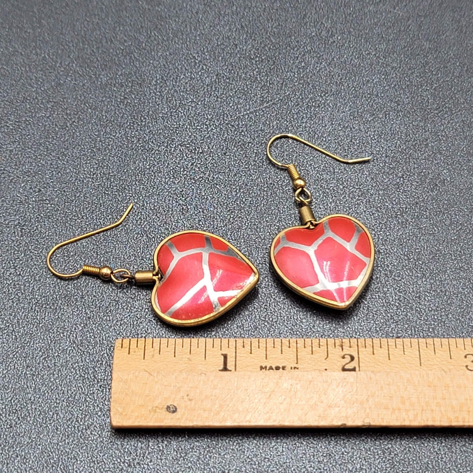 Vintage Pierced Earrings Gold toen Red Heart Dangle 1 1/8"
