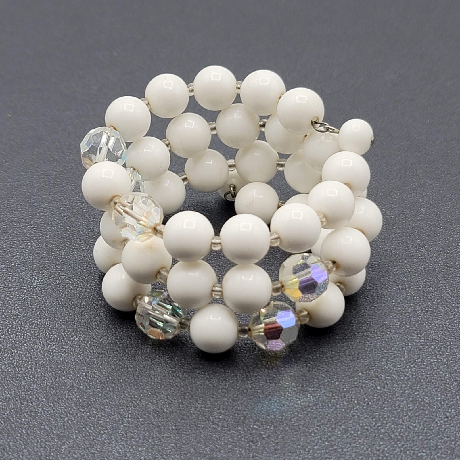 Vintage Memory Wire Bracelet White AB Faceted Beads Estate Costume Jewelry