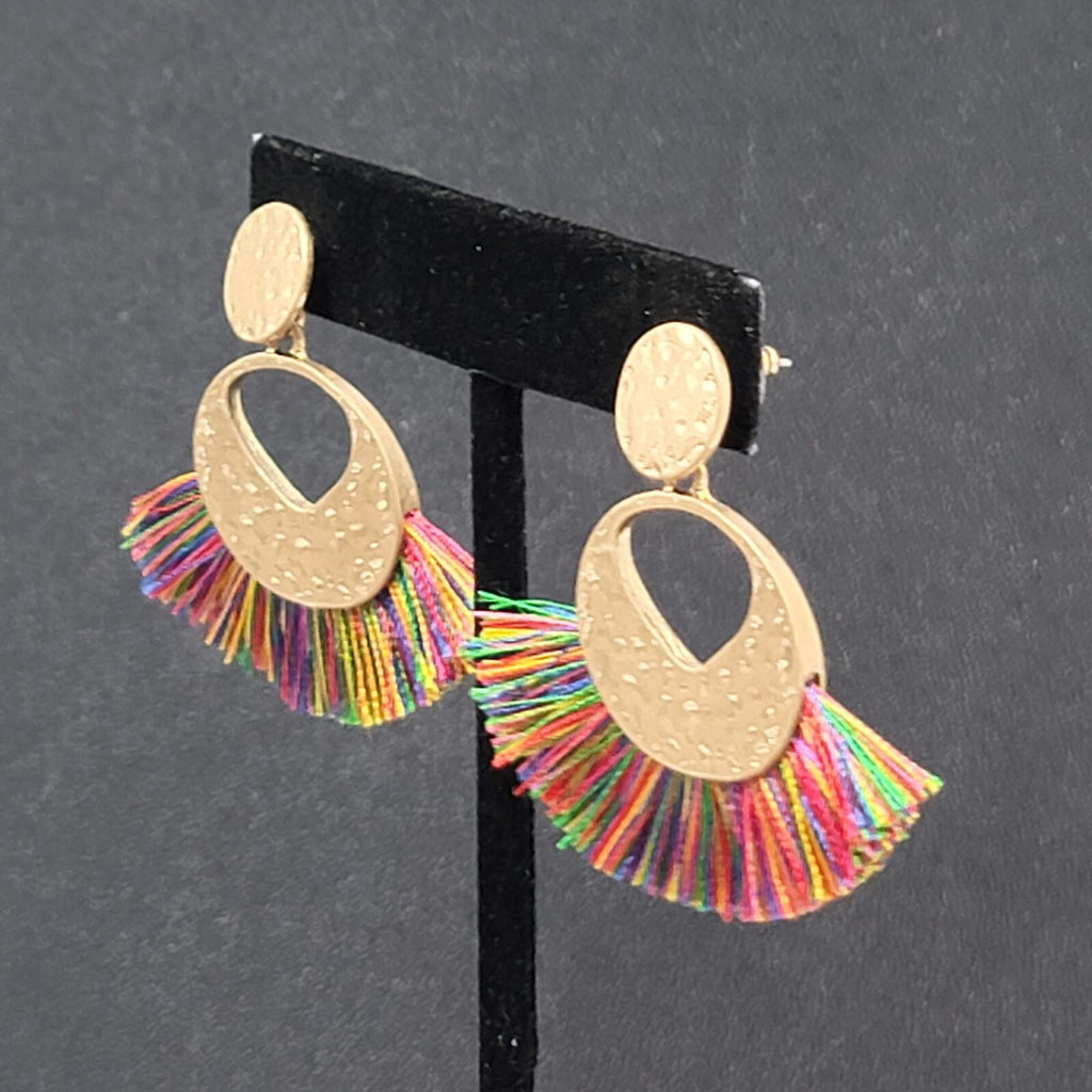Pierced Earrings Gold tone Multicolor Tassel Boho 1.75"
