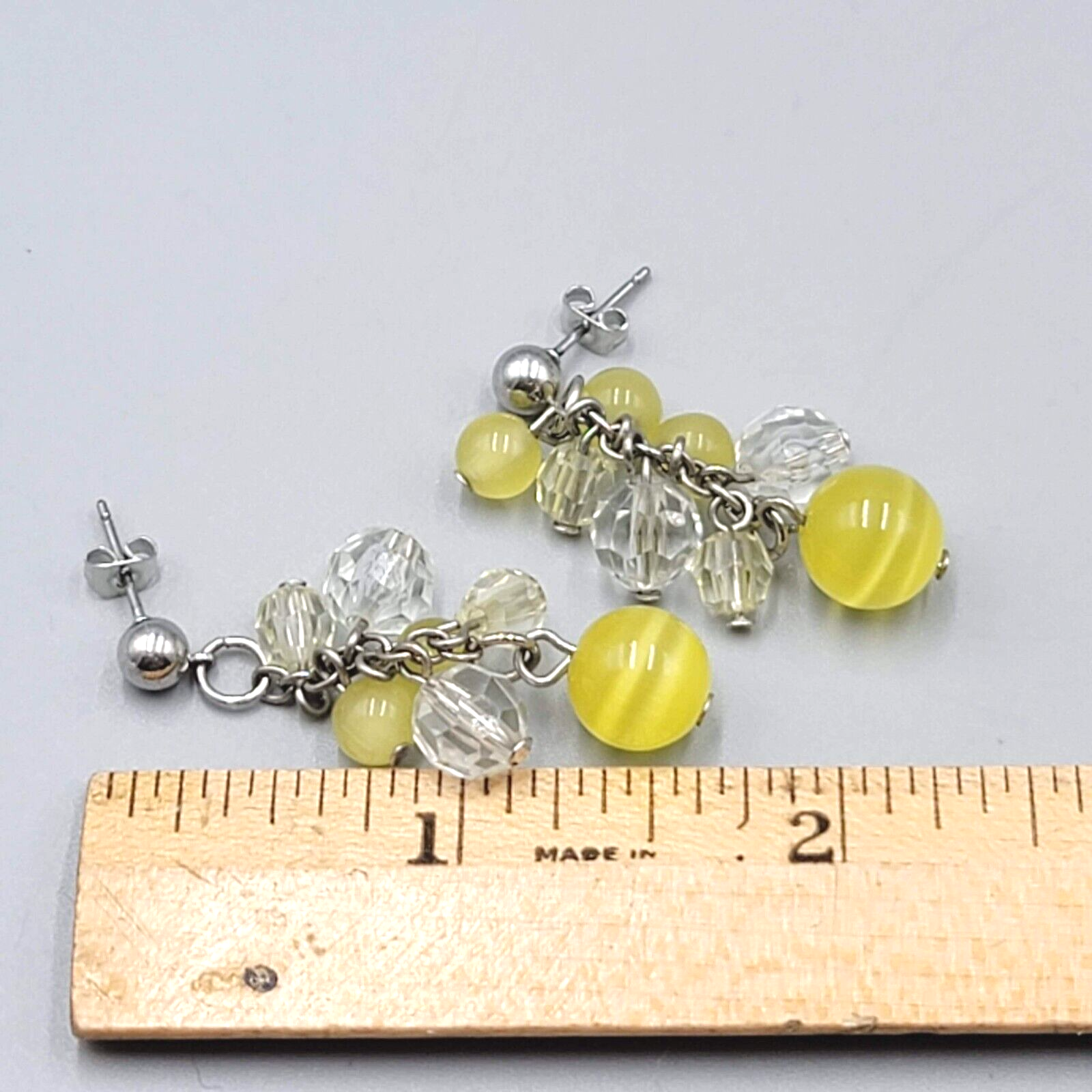 Pierced Earrings Silver tone Yellow Glass Bead Dangle 1.75"