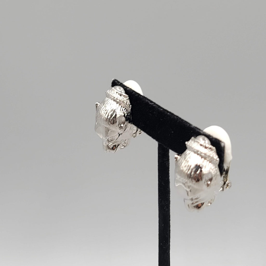 Vintage Cougar Big Cat Statement Clip on Earrings Silver Plated 7/8 in