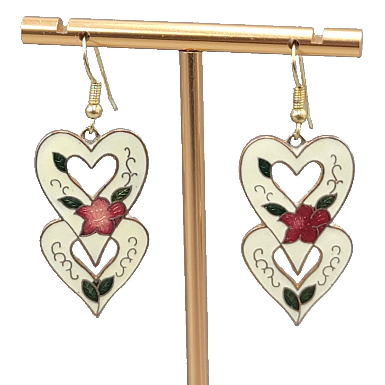 Vintage Heart Cloisonne Flowers Pierced Earrings Gold tone Dangle 1 3/8 in