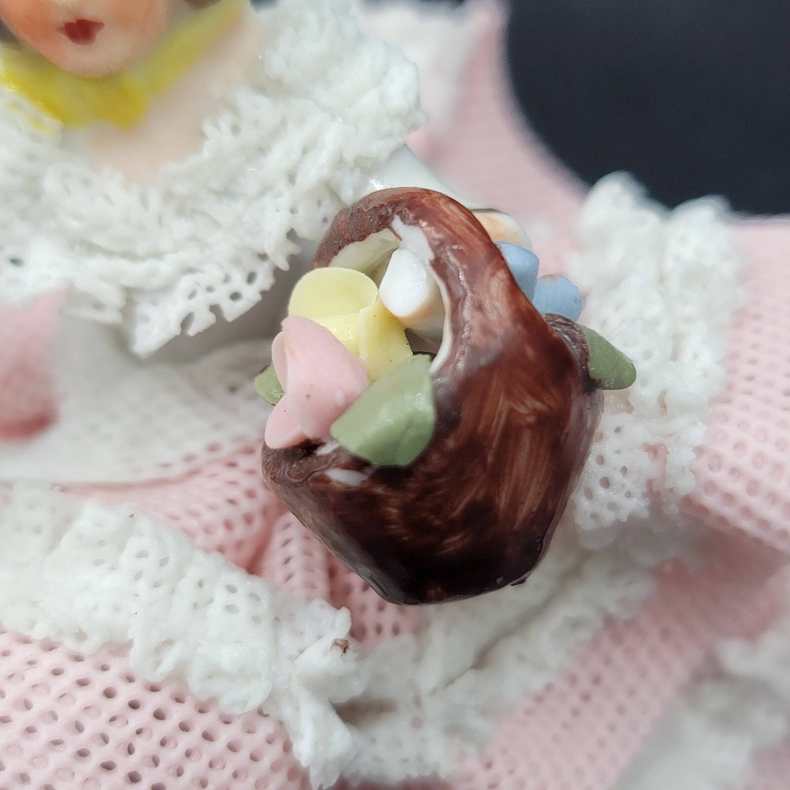 Dresden Porcelain Lace Lady in Bonnet Figurine Flowers 4 in