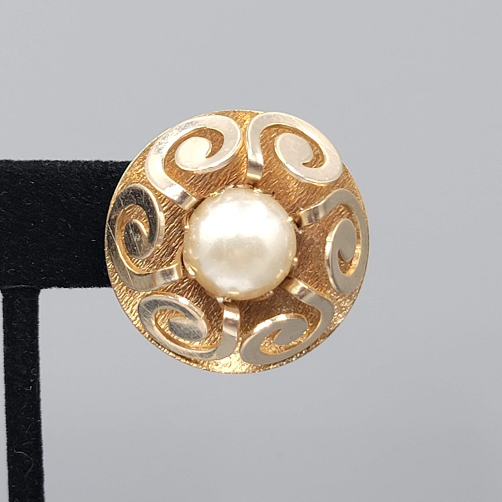 Vintage Clip on Earrings Gold tone White Cabochon Round Statement 1 1/8"