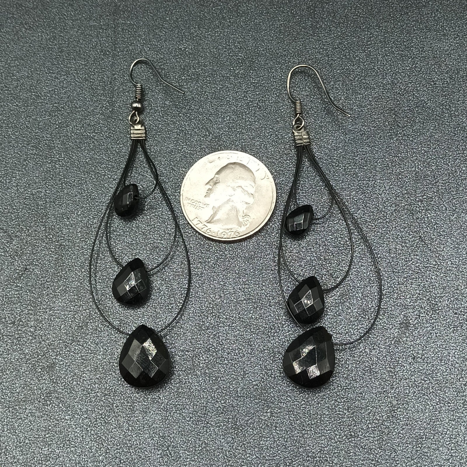 Pierced Earrings Black Plastic Loop Faceted Acrylic Teardrop Bead Dangle 2 3/4"