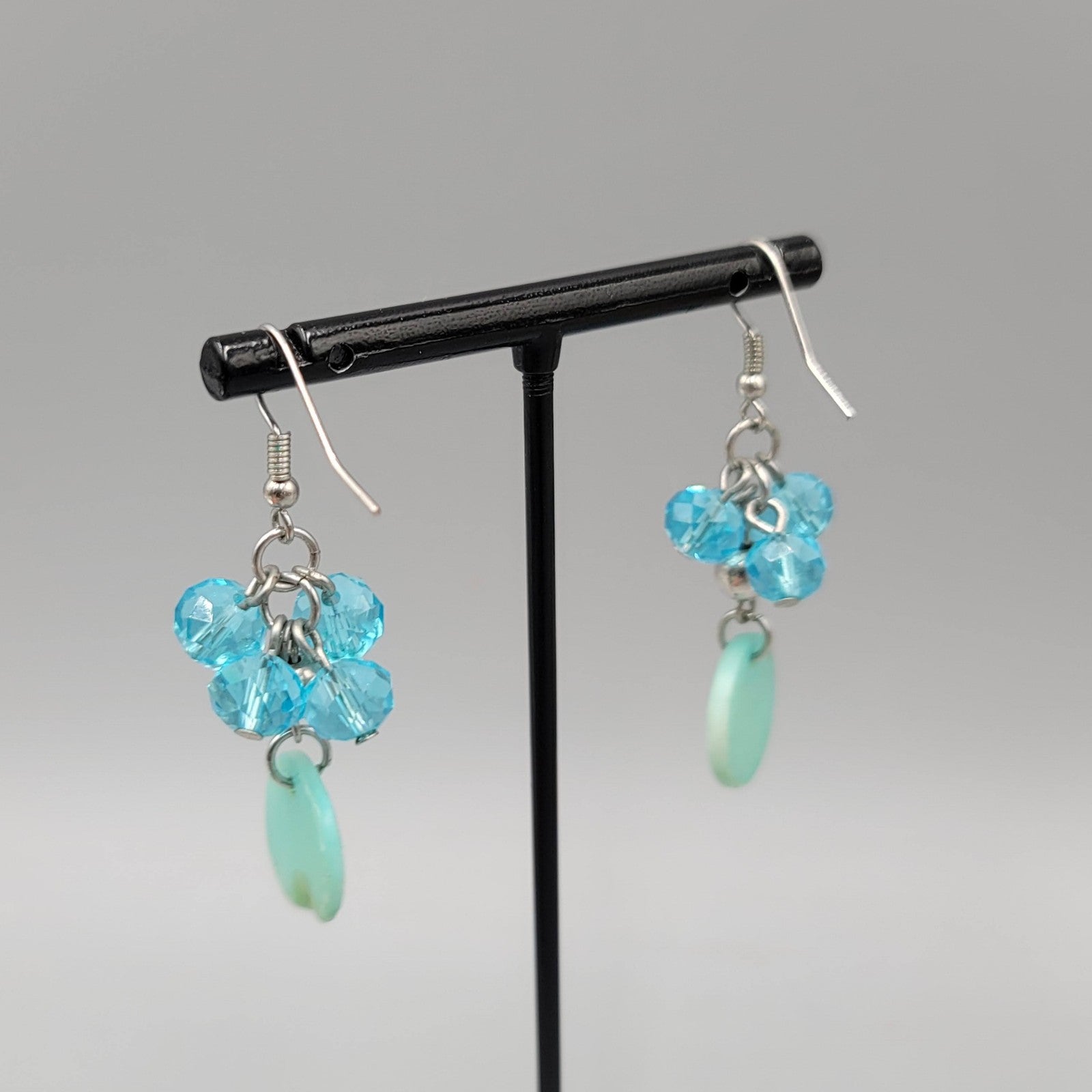 Blue Crystal Bead Dangle Pierced Earrings Silver Tone Shell Disc Drop Boho 1.25"