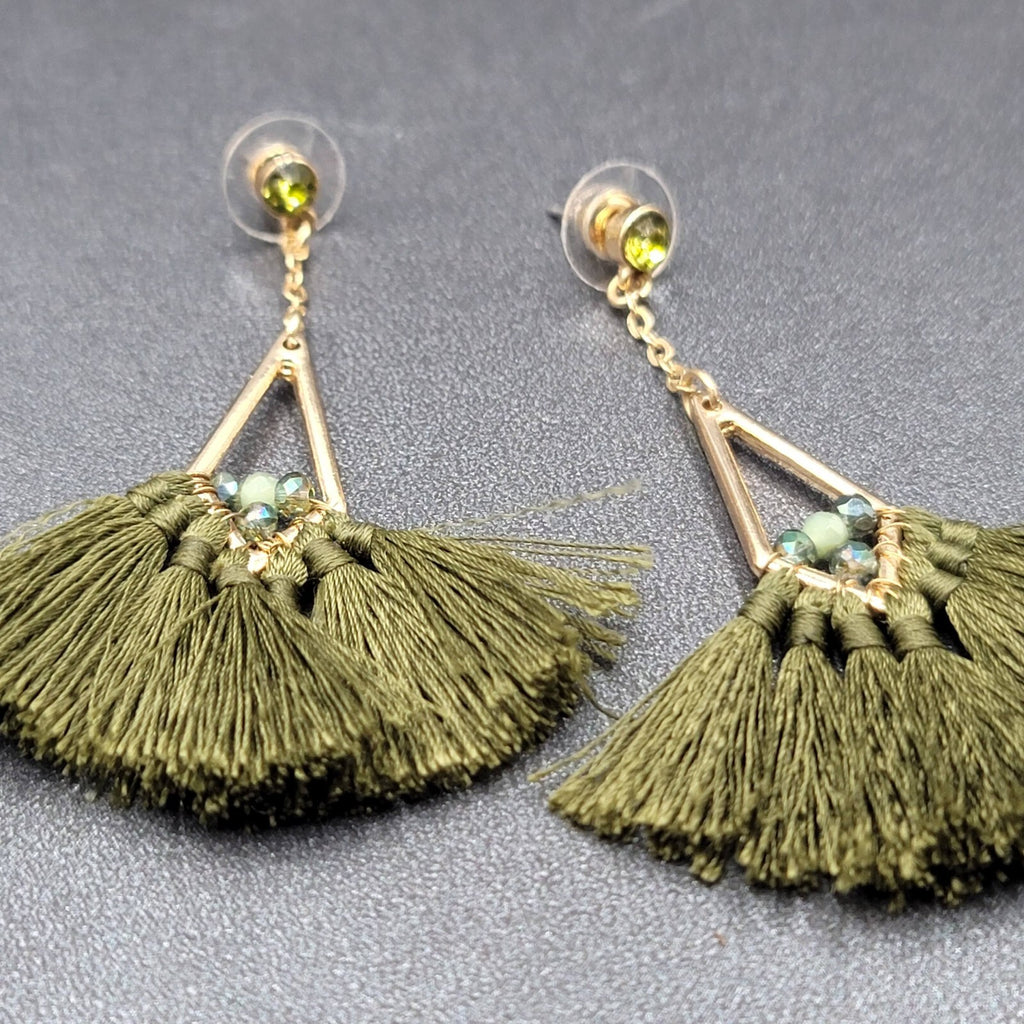 Pierced Earrings Gold tone Green Rhinestone Tassel Dangle 3"
