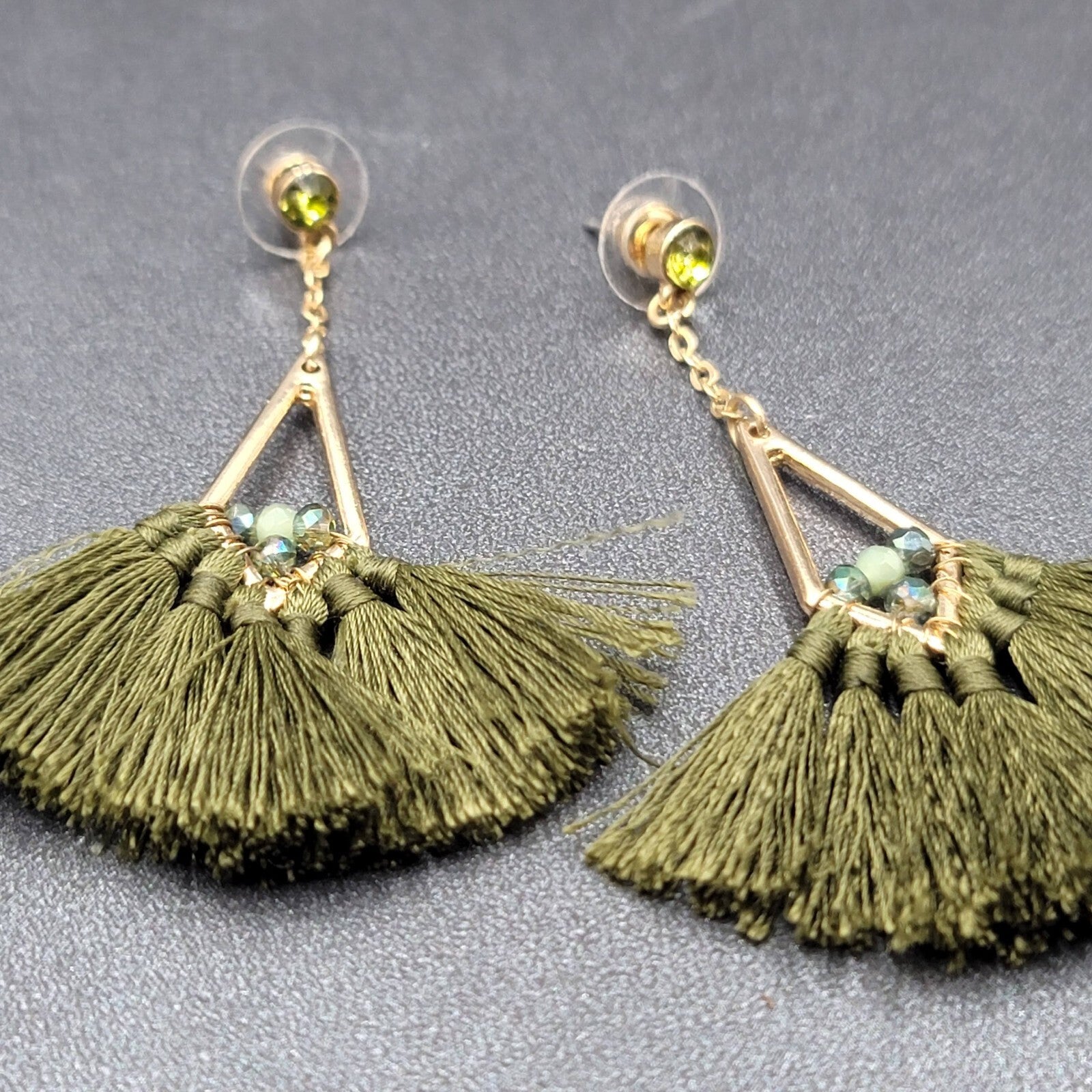 Pierced Earrings Gold tone Green Rhinestone Tassel Dangle 3"
