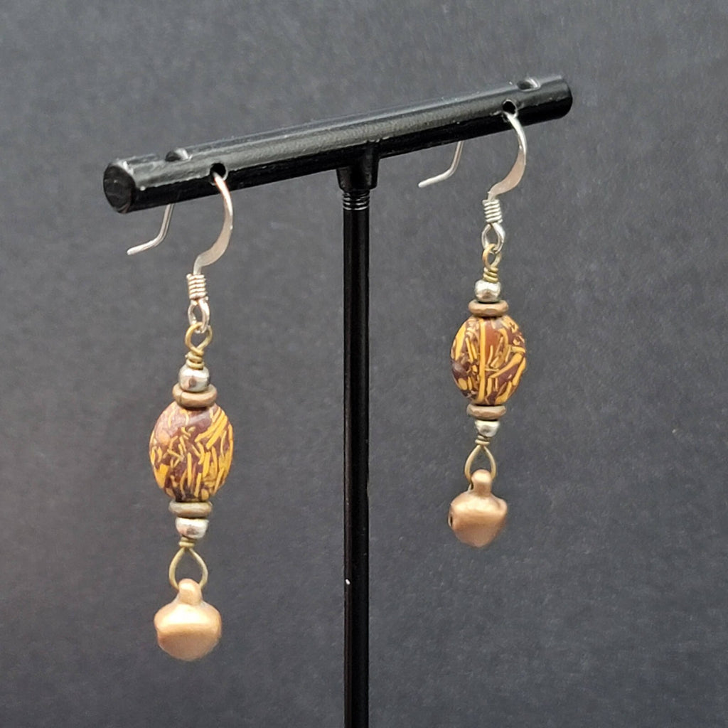 Pierced Earrings Brown Bead Copper Bell Dangle 1.25"
