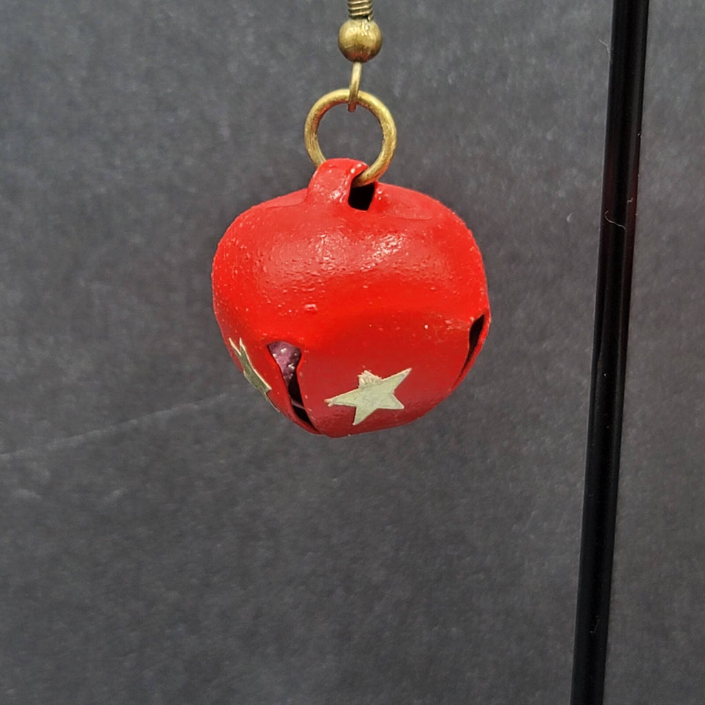 Christmas Pierced Earrings Gold Star Red Painted Jingle Bells 3/4"