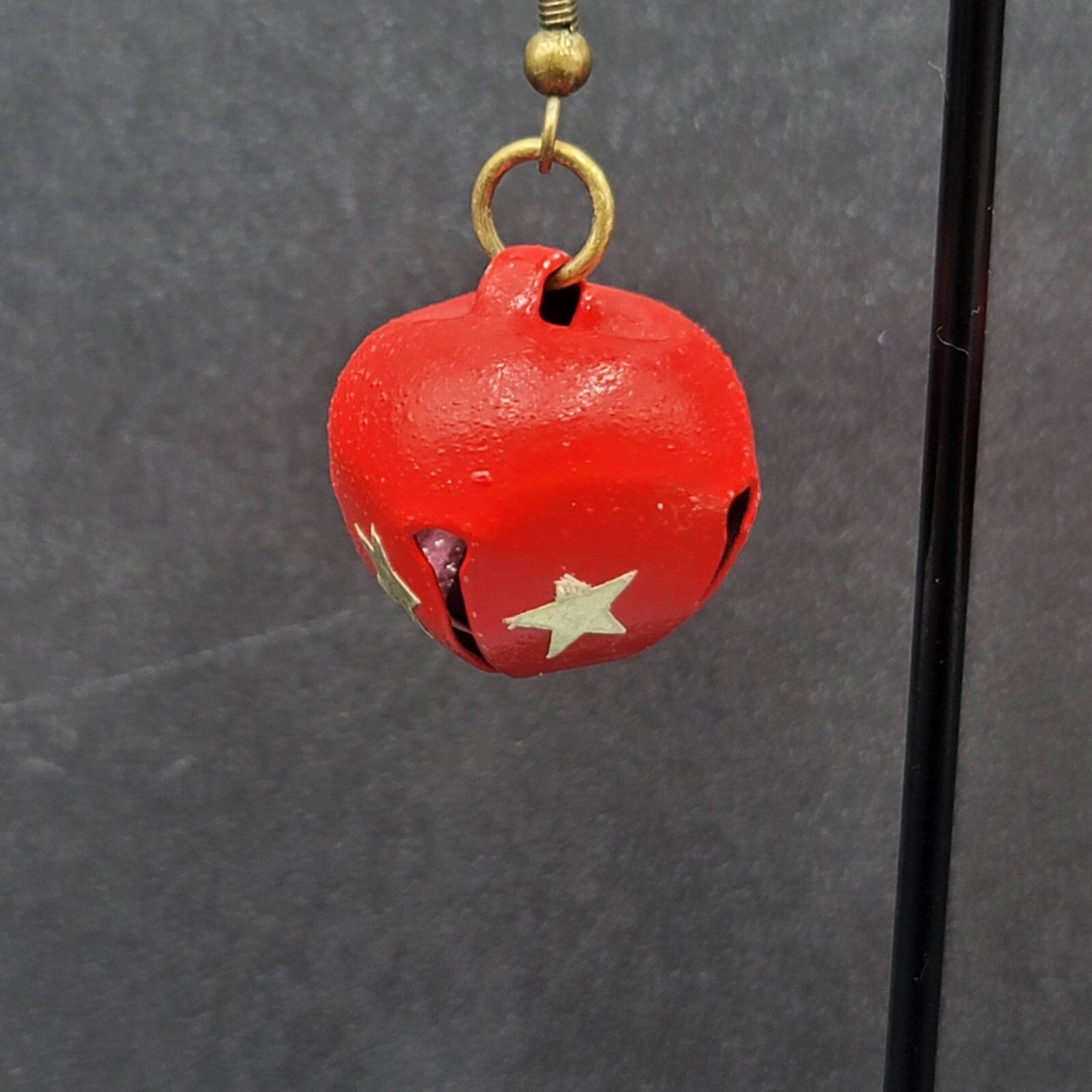 Christmas Pierced Earrings Gold Star Red Painted Jingle Bells 3/4"
