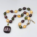 Monet Necklace Glass Bead Bronze tone Red Yellow Green 26"-28"