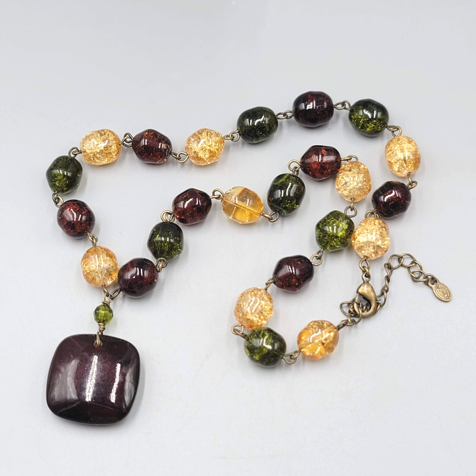 Monet Necklace Glass Bead Bronze tone Red Yellow Green 26"-28"