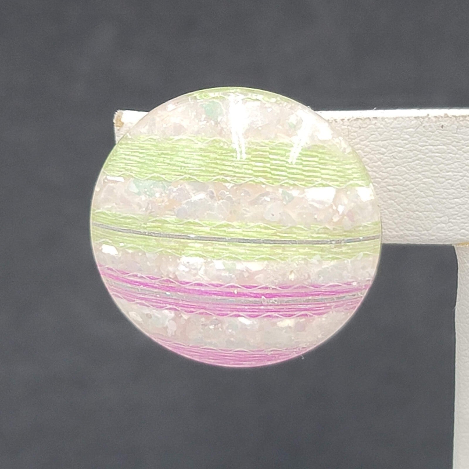 Vintage Clip on Earrings Purple Green White Lucite Round Button Studs 1"