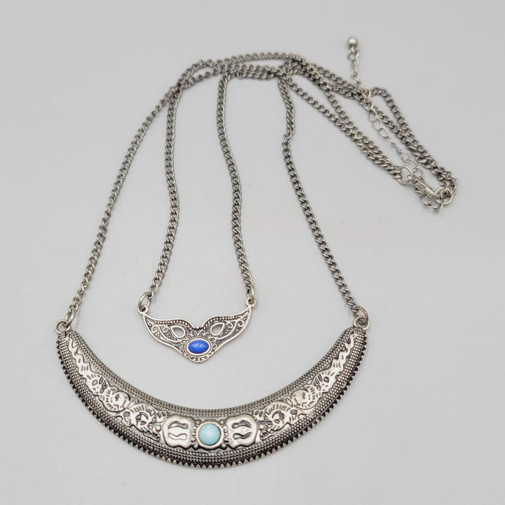 Boho Statement Necklace Silver Tone Turquoise Layered Crescent Pendant 16"-18"