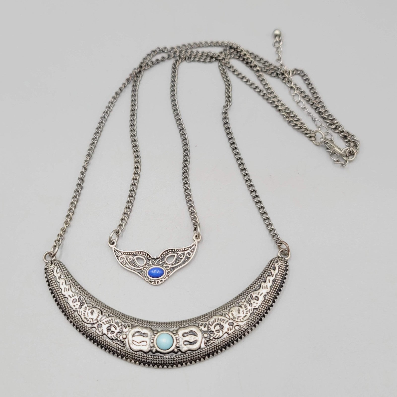 Boho Statement Necklace Silver Tone Turquoise Layered Crescent Pendant 16"-18"