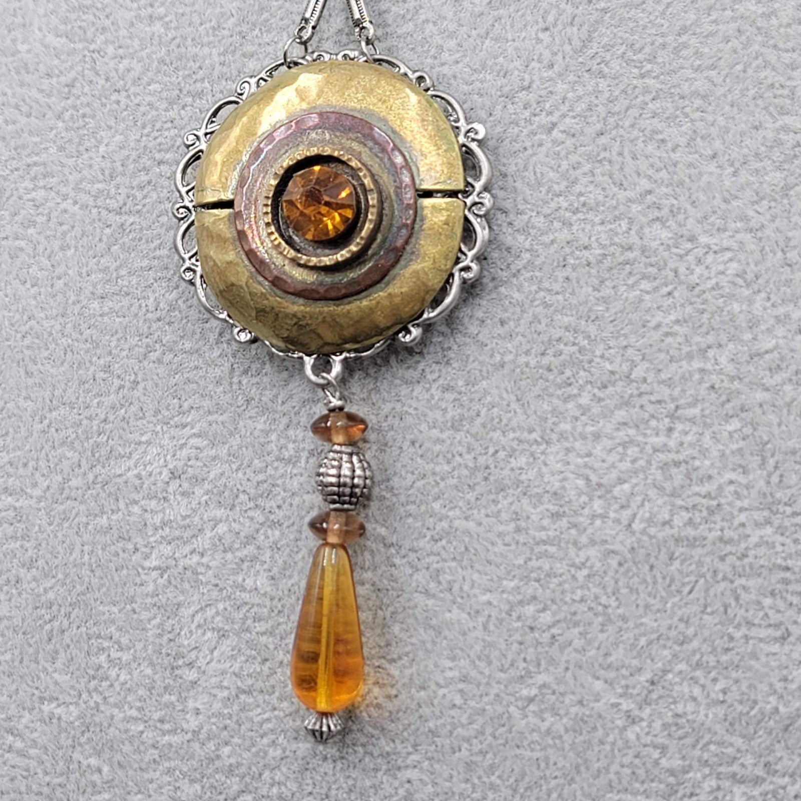 Boho Medallion Orange Bead Pendant Necklace Silver tone Toggle Closure 17 in