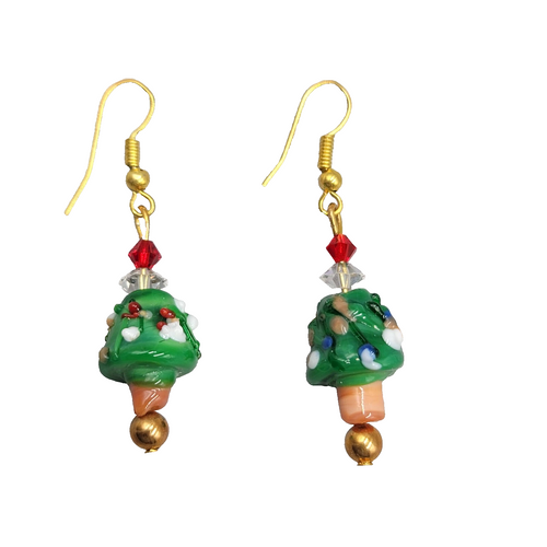 Christmas Tree Pierced Earrings Art Glass Bead Dangle 1.25"