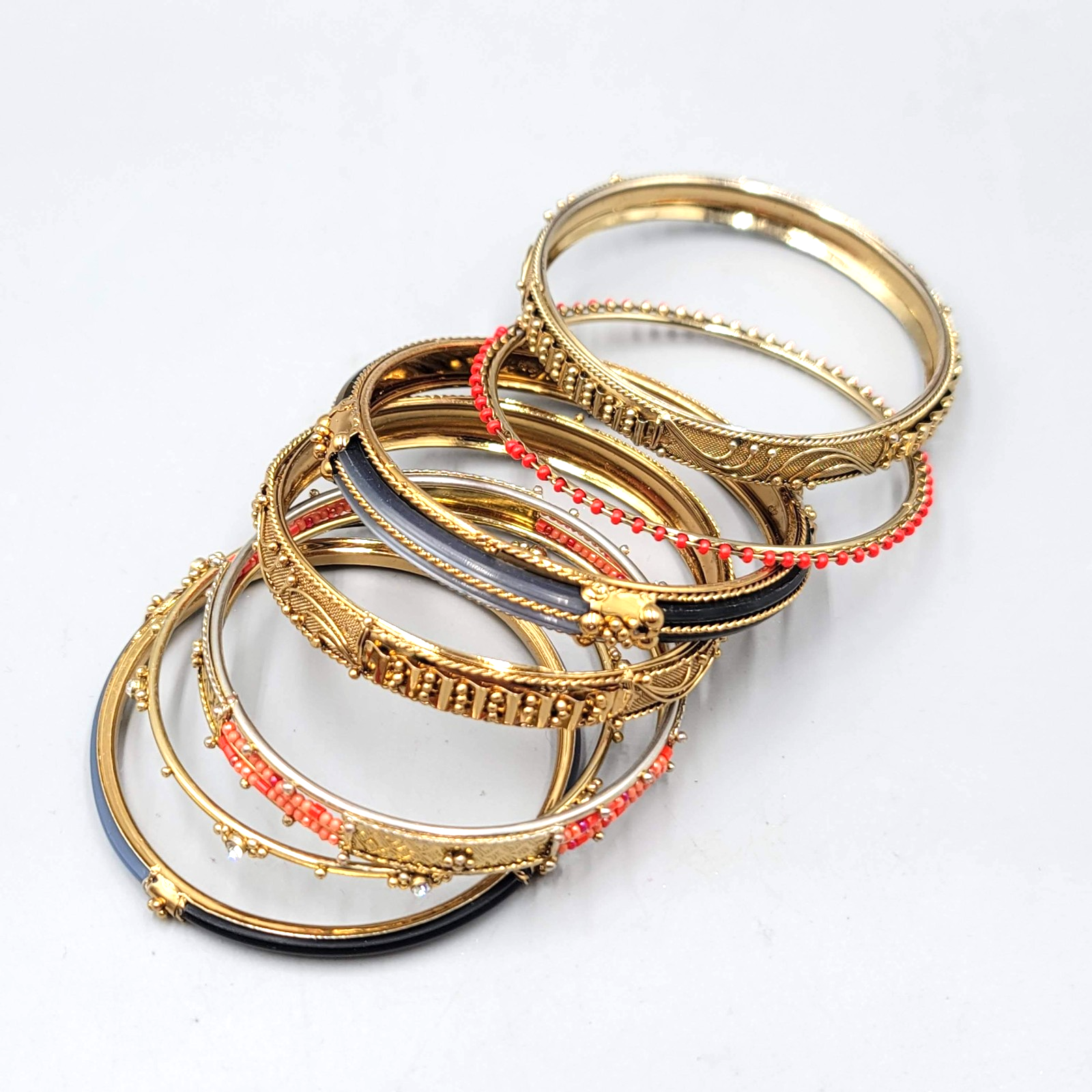 Gold Tone Black Enamel Red Bead Stackable Bangle Bracelet Lot of 7 Ethnic Indian