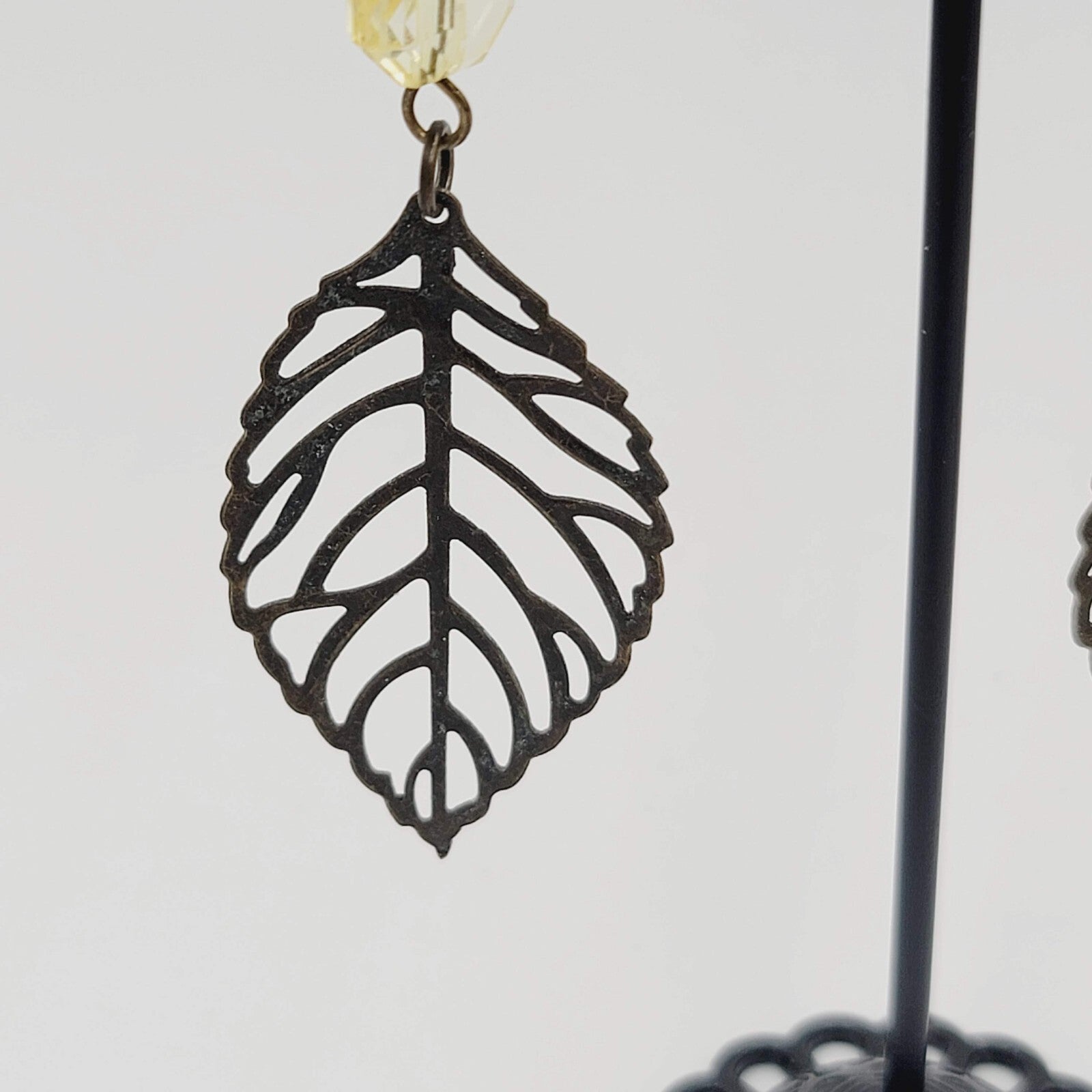 Long Pierced Earrings Beaded Open Work Leaf 3"