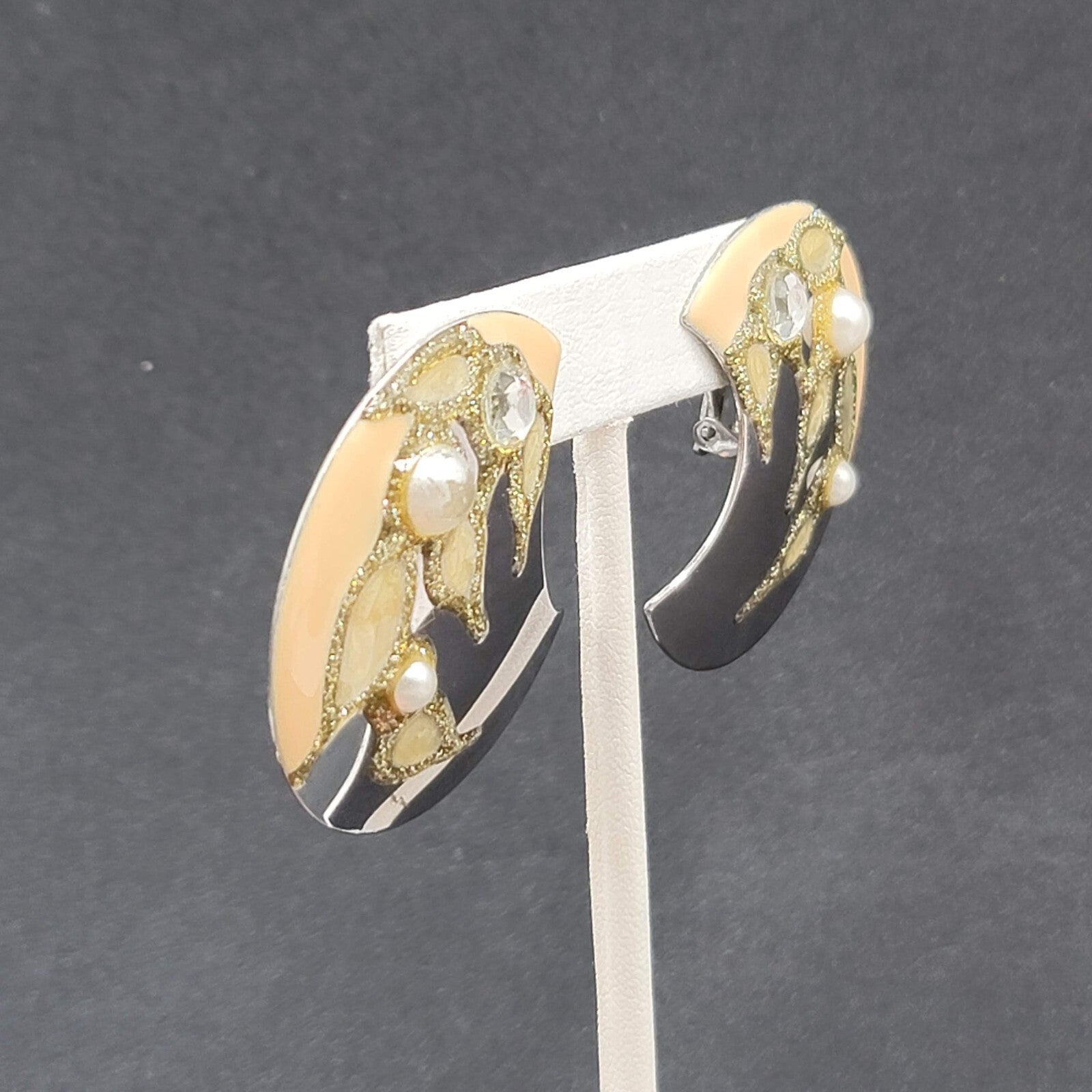 Vintage Clip on Earrings Silver tone Large Statement Enamel Glitter 1.75"