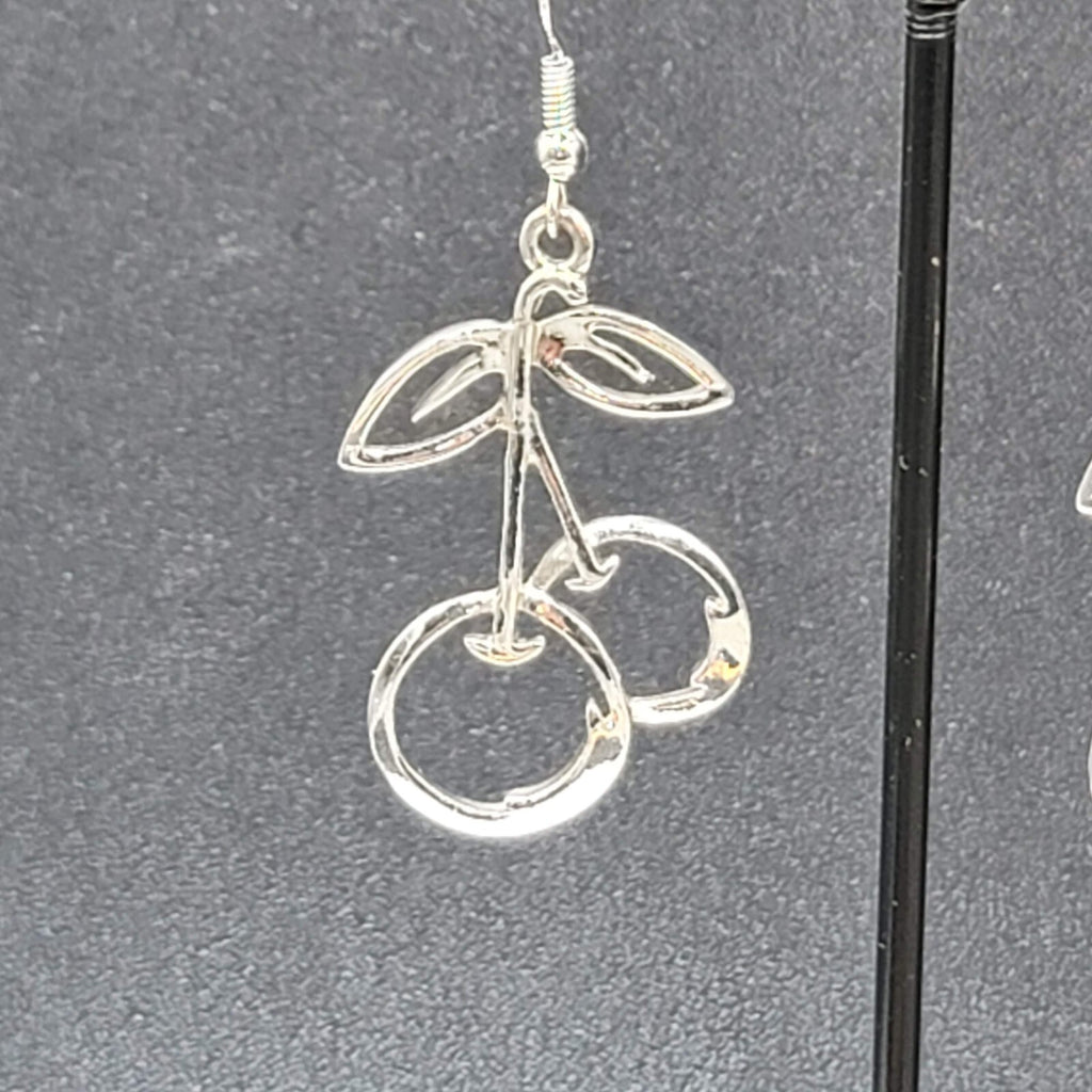 Cherry Pierced Earrings Cherries Silver tone Dangle 1 3/8"