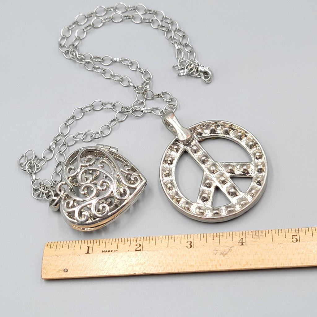 Large Pendant Necklace Heart Locket Rhinestone Peace Sign Silver tone 30"